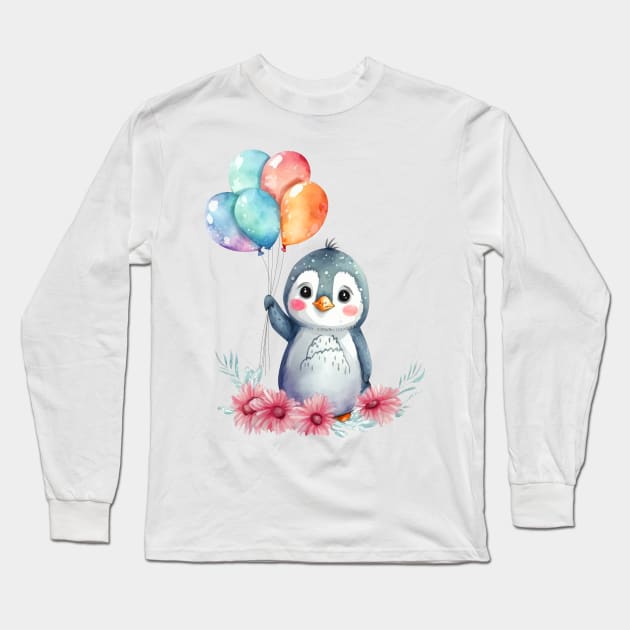 baby penguin holds balloon Long Sleeve T-Shirt by abbeheimkatt